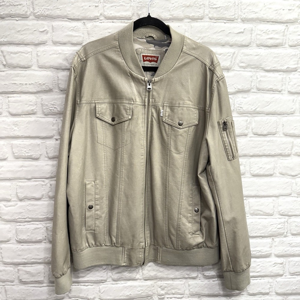 Vtg Levi's Faux Leather Trucker Moto Jacket Men's XL Gray Taupe Camo Lined Y2K